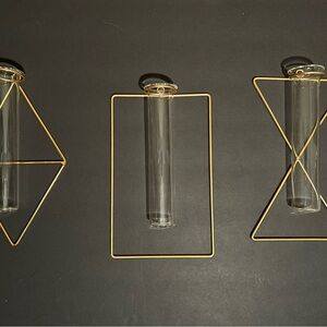 3 Various Shaped Geometric Wall-Mounted Glass Tube Vases w/Gold Metal Frames